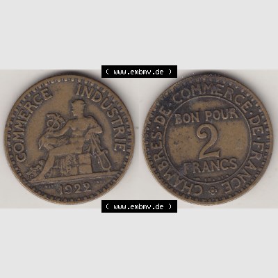 Münzen Frankreich Umlaufmünze 1920-1927, 2 Francs - Franken 1922-2. Vorderseite und Rückseite horizontal auf einen digitalen Bild der alten französischen Umlaufmünze... Sammlung