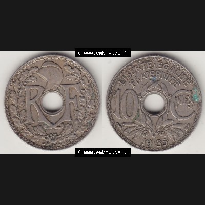 Münzen Frankreich Umlaufmünze 1917-1938, 10 Centimes - Cmes 1935-3. Vorderseite und Rückseite horizontal auf einen digitalen Bild der alten französischen Umlaufmünze... Sammlung