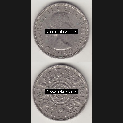 Münzen Großbritannien Umlaufmünze 1954-1970, 2 Schilling - Shillings 1966-3. Vorderseite und Rückseite vertikal untereinander auf einen digitalen Bild der alten britischen... Sammlung