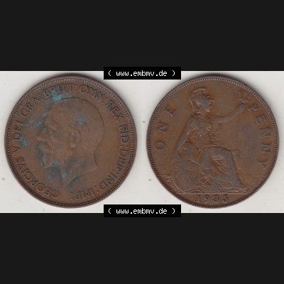 Münzen Großbritannien Umlaufmünze 1928-1936, 1 One Penny, 1935-1, George V. BM GEORGIVS V DEI GRABRITTOMNREX FIDDEFINDIMP. Vorderseite und Rückseite... Sammlung
