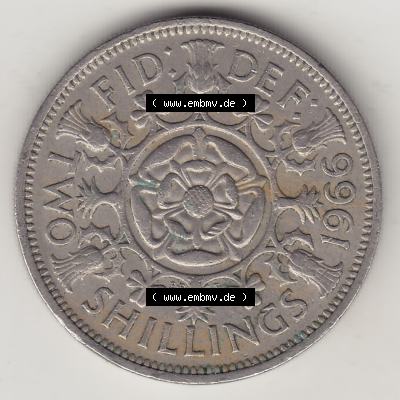 Münzen Großbritannien Umlaufmünze 1954-1970, 2 Schilling - Shillings 1966-5. Rückseite der alten britischen Münze aus Großbritannien zum katalogisieren und... Sammlung