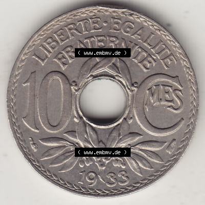 Alte Münzen KMS Frankreich, aus Kursmünzensatz-Zusammenstellung der Jahre 1917-1952, mit der Münze 1917-1938, 10 Cmes, Centimes 1933-1. Rückseite der... Sammlung