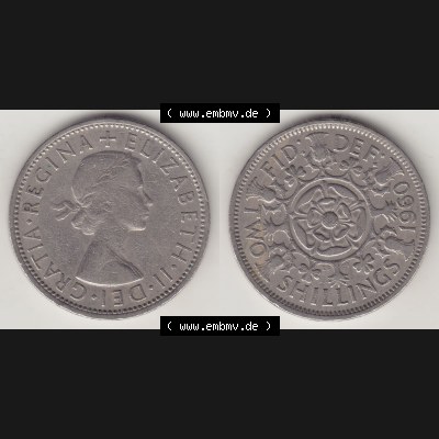 Münzen Großbritannien Umlaufmünze 1954-1970, 2 Schilling - Shillings 1960-1. Vorderseite und Rückseite horizontal auf einen digitalen Bild der alten britischen Münze... Sammlung