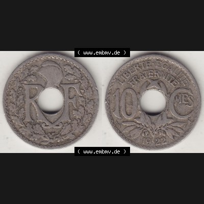 Münzen Frankreich Umlaufmünze Vollansicht 1917-1938, 10 Centimes, 10 CMES EGALITÉ FRATERNITÉ LIBERTÉ 1922-1. Beidseitiges Bildmaterial einer Umlaufmünze... Sammlung