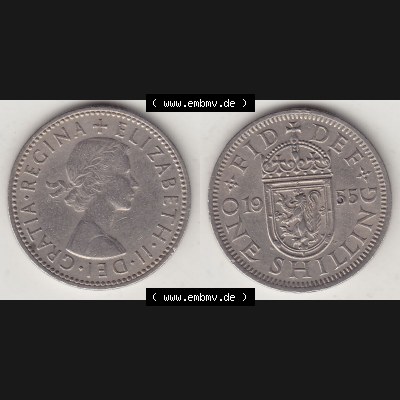 Münzen Großbritannien Umlaufmünze 1954-1970, 1 Schilling - One Shilling, 1955-1 Wappen mit einen Löwen. Vorderseite und Rückseite horizontal auf einen digitalen... Sammlung