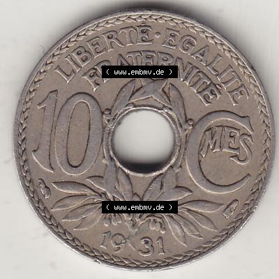 Münzen Frankreich Umlaufmünze Einzelansicht 1917-1938, 10 Centimes, 10 CMES EGALITÉ FRATERNITÉ LIBERTÉ 1931-1. Rückseite der alten französischen... Sammlung