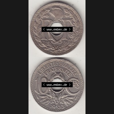 Alte Münzen KMS Frankreich, aus Kursmünzensatz-Zusammenstellung der Jahre 1917-1952, mit der Münze 1917-1938, 10 Cmes, Centimes 1933-1. Vorderseite und Rückseite... Sammlung