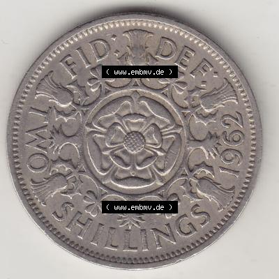 Münzen Großbritannien Umlaufmünze 1954-1970, 2 Schilling - Shillings 1962-1. Rückseite der alten britischen Münze aus Großbritannien zum katalogisieren und... Sammlung