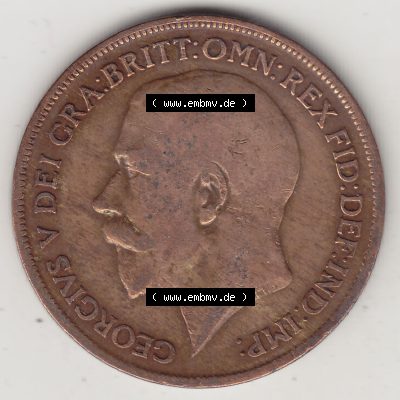 Münzen Großbritannien Umlaufmünze 1911-1926, 1 One Penny, 1921-1, George V, B.M. GEORGIVS V DEI GRABRITTOMNREX FIDDEFINDIMP. Vorderseite der... Sammlung