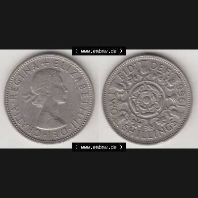 Münzen Großbritannien Umlaufmünze 1954-1970, 2 Schilling - Shillings 1966-3. Vorderseite und Rückseite horizontal auf einen digitalen Bild der alten britischen Münze... Sammlung