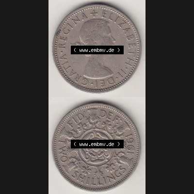 Münzen Großbritannien Umlaufmünze 1954-1970, 2 Schilling - Shillings 1961-3. Vorderseite und Rückseite vertikal untereinander auf einen digitalen Bild der alten britischen... Sammlung