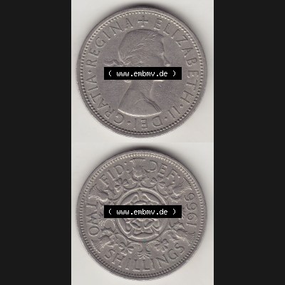 Münzen Großbritannien Umlaufmünze 1954-1970, 2 Schilling - Shillings 1966-6. Vorderseite und Rückseite vertikal untereinander auf einen digitalen Bild der alten britischen... Sammlung