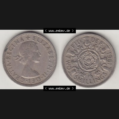 Münzen Großbritannien Umlaufmünze 1954-1970, 2 Schilling - Shillings 1961-3. Vorderseite und Rückseite horizontal auf einen digitalen Bild der alten britischen Münze... Sammlung