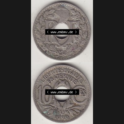 Münzen Frankreich Umlaufmünze Vollansicht 1917-1938, 10 Centimes, 10 CMES EGALITÉ FRATERNITÉ LIBERTÉ 1919-2. Vorderseite und Rückseite vertikal auf... Sammlung