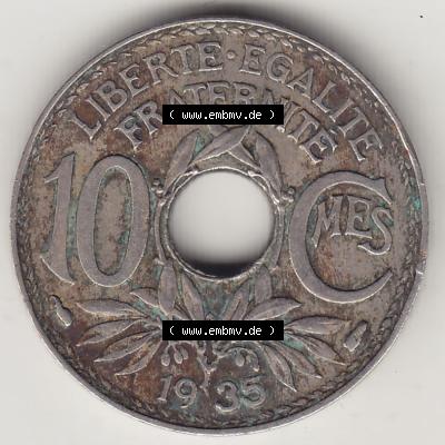 Münzen Frankreich Umlaufmünze 1917-1938, 10 Centimes - Cmes 1935-4. Rückseite der alten französischen Umlaufmünze 10 Cmes - Centimes - Cent aus Frankreich in der Francs-Währung... Sammlung