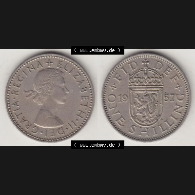 Münzen Großbritannien Umlaufmünze 1954-1970, 1 Schilling - Shilling, 1957-1 Wappen mit einen Löwen. Vorderseite und Rückseite horizontal auf einen digitalen... Sammlung