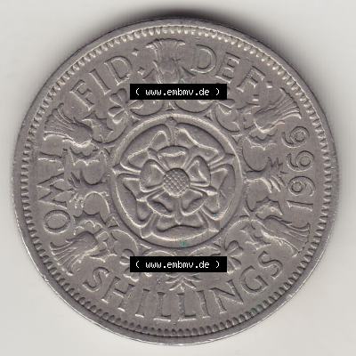 Münzen Großbritannien Umlaufmünze 1954-1970, 2 Schilling - Shillings 1966-6. Rückseite der alten britischen Münze aus Großbritannien zum katalogisieren und... Sammlung