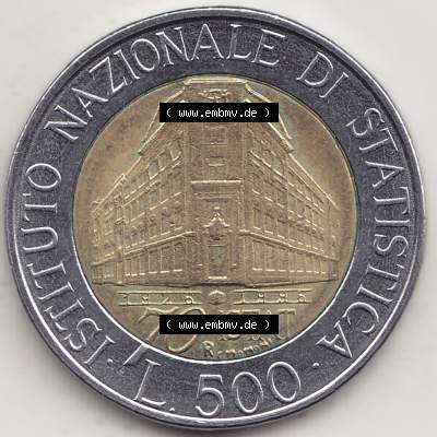 Bildmaterial von Münzen aus Italien / Italia Gedenkmünzen 1996-1996, 500 Lire, 70 Jahre Nationales Institut für Statistik (1926-1996), 70 ISTAT ISTITUTO NAZIONALE... Sammlung