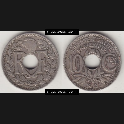 Münzen Frankreich Umlaufmünze Vollansicht 1917-1938, 10 Centimes, RF - Frankreich 10 CMES EGALITÉ FRATERNITÉ LIBERTÉ 1931-1. Vorderseite und Rückseite... Sammlung