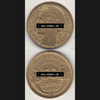 Alte Münzen KMS Frankreich, aus Kursmünzensatz-Zusammenstellung der Jahre 1917-1952, mit der Münze 1931-1947, 50 Centimes, 1938-1. Vorderseite und Rückseite... Sammlung