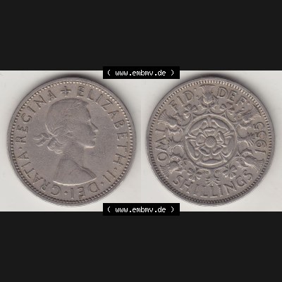 Münzen Großbritannien Umlaufmünze 1954-1970, 2 Schilling - Shillings 1955-1. Vorderseite und Rückseite horizontal auf einen digitalen Bild der alten britischen Münze... Sammlung