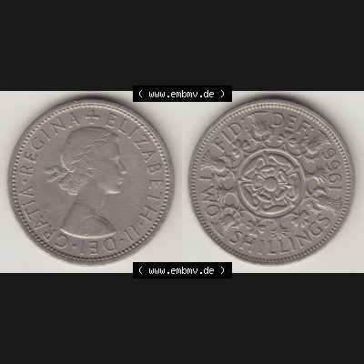 Münzen Großbritannien Umlaufmünze 1954-1970, 2 Schilling - Shillings 1966-7. Vorderseite und Rückseite horizontal auf einen digitalen Bild der alten britischen Münze... Sammlung