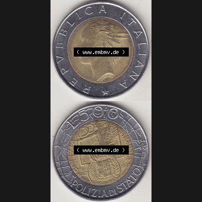 Bildmaterial von Münzen aus Italien / Italia Gedenkmünzen 1997-1997, 500 Lire, 50 Jahre Staatspolizei (1947-1997), POLIZIA DI STATO POLIZIA STRADALE R-2.... Sammlung