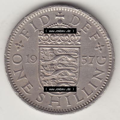 Münzen Großbritannien Umlaufmünze 1954-1970, 1 Schilling - Shilling, 1957-1 Wappen mit drei Löwen. Rückseite der alten britischen Münze aus Großbritannien... Sammlung