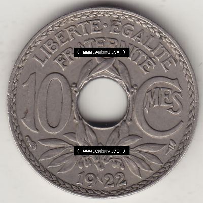 Münzen Frankreich Umlaufmünze Einzelansicht 1917-1938, 10 Centimes, RF - Frankreich 10 CMES EGALITÉ FRATERNITÉ LIBERTÉ 1922-1. Rückseite der alten... Sammlung