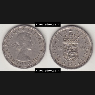 Münzen Großbritannien Umlaufmünze 1954-1970, 1 Schilling - Shilling, 1956-2 Wappen mit 3 Löwen. Vorderseite und Rückseite horizontal auf einen digitalen Bild... Sammlung