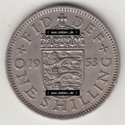 Münzen Großbritannien Umlaufmünze 1954-1970, 1 Schilling - Shilling, 1953-1 Wappen mit drei Löwen. Rückseite der alten britischen Münze aus Großbritannien... Sammlung