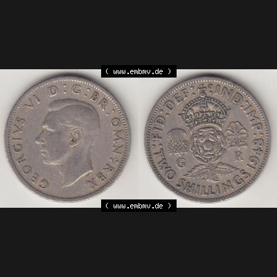 Münzen Großbritannien Umlaufmünze 1947-1948, 2 Schilling - Shillings 1949-2. Vorderseite und Rückseite horizontal auf einen digitalen Bild der alten britischen Münze... Sammlung