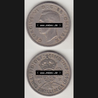 Münzen Großbritannien Umlaufmünze 1947-1948, 2 Schilling - Shillings 1949-2. Vorderseite und Rückseite vertikal untereinander auf einen digitalen Bild der alten britischen... Sammlung