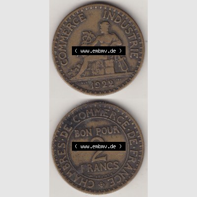 Münzen Frankreich Umlaufmünze 1920-1927, 2 Francs - Franken 1922-2. Vorderseite und Rückseite vertikal auf einen digitalen Bild der alten französischen Umlaufmünze... Sammlung