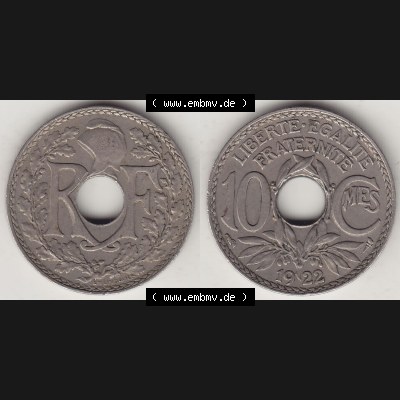 Münzen Frankreich Umlaufmünze Vollansicht 1917-1938, 10 Centimes, RF - Frankreich 10 CMES EGALITÉ FRATERNITÉ LIBERTÉ 1922-1. Vorderseite und Rückseite... Sammlung