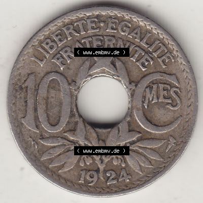 Münzen Frankreich Umlaufmünze 1917-1938, 10 Centimes, 10 CMES EGALITÉ FRATERNITÉ LIBERTÉ 1924-1. Digitales Bild der Rückseite mit Wertzahl / Nennwert... Sammlung