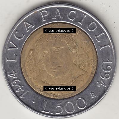 Bildmaterial von Münzen aus Italien / Italia Gedenkmünzen 1994-1994, 500 Lire, 500. Geburtstag von Luca Pacioli (1494-1994)-1. Rückseite einer alten... Sammlung