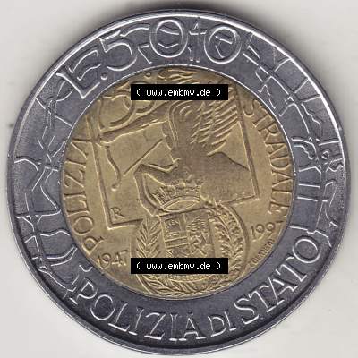 Bildmaterial von Münzen aus Italien / Italia Gedenkmünzen 1997-1997, 500 Lire, 50 Jahre Staatspolizei (1947-1997), POLIZIA DI STATO POLIZIA STRADALE R-2.... Sammlung