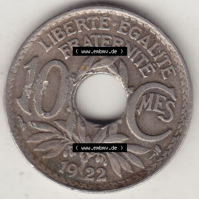 Münzen Frankreich Umlaufmünze Einzelansicht 1917-1938, 10 Centimes, 10 CMES EGALITÉ FRATERNITÉ LIBERTÉ 1922-1. Rückseite der alten französischen... Sammlung