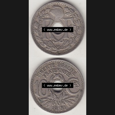 Münzen Frankreich Umlaufmünze Vollansicht 1917-1938, 10 Centimes, 10 CMES EGALITÉ FRATERNITÉ LIBERTÉ 1931-1. Vertikales beidseitiges Bildmaterial der Vorderseite... Sammlung