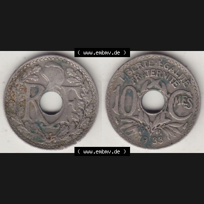 Münzen Frankreich Umlaufmünze Vollansicht 1917-1938, 10 Centimes, 10 CMES EGALITÉ FRATERNITÉ LIBERTÉ 1933-1. Beidseitiges Bildmaterial einer Umlaufmünze... Sammlung