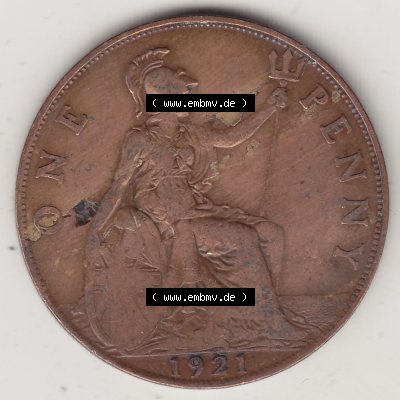 Münzen Großbritannien Umlaufmünze 1911-1926, 1 One Penny, 1921-1, George V, B.M. GEORGIVS V DEI GRABRITTOMNREX FIDDEFINDIMP. Rückseite... Sammlung