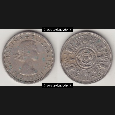 Münzen Großbritannien Umlaufmünze 1954-1970, 2 Schilling - Shillings 1966-2. Vorderseite und Rückseite horizontal auf einen digitalen Bild der alten britischen Münze... Sammlung