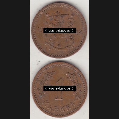 Alte Münzen KMS Finnland, Kursmünzensatz 1940-1951, 1 finnische Mark, Markka, Kupfer 1942-1. Digitales Bild / Bildmaterial für IPhone und Mobil-Geräte... Sammlung
