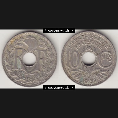 Münzen Frankreich Umlaufmünze 1917-1938, 10 Centimes - Cmes 1938-2. Vorderseite und Rückseite horizontal auf einen digitalen Bild der alten französischen Umlaufmünze... Sammlung