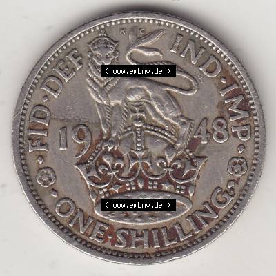Münzen Großbritannien Umlaufmünze 1949-1951, 1 One Schilling - Shilling, 1948-1 Stehender Löwe auf Krone. Rückseite der alten britischen Münze aus Großbritannien... Sammlung
