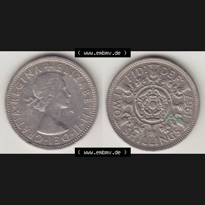 Münzen Großbritannien Umlaufmünze 1954-1970, 2 Schilling - Shillings 1967-1. Vorderseite und Rückseite horizontal auf einen digitalen Bild der alten britischen Münze... Sammlung