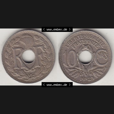 Münzen Frankreich Umlaufmünze Vollansicht 1917-1938, 10 Centimes, RF - Frankreich 10 CMES EGALITÉ FRATERNITÉ LIBERTÉ 1923-1. Vorderseite und Rückseite... Sammlung