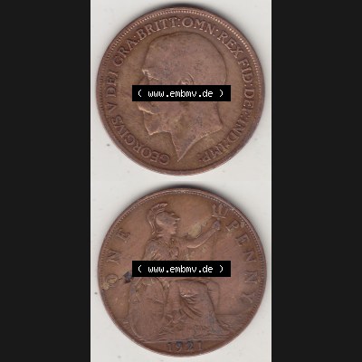 Münzen Großbritannien Umlaufmünze 1911-1926, 1 One Penny, 1921-1, George V, B.M. GEORGIVS V DEI GRABRITTOMNREX FIDDEFINDIMP. Vorderseite und... Sammlung