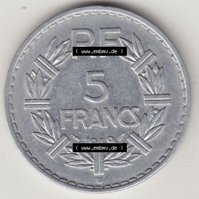 Alte Münzen KMS Frankreich, aus Kursmünzensatz-Zusammenstellung der Jahre 1917-1952, mit der Münze 1945-1952, 5 Franken, Francs 1949-1. Rückseite der... Sammlung